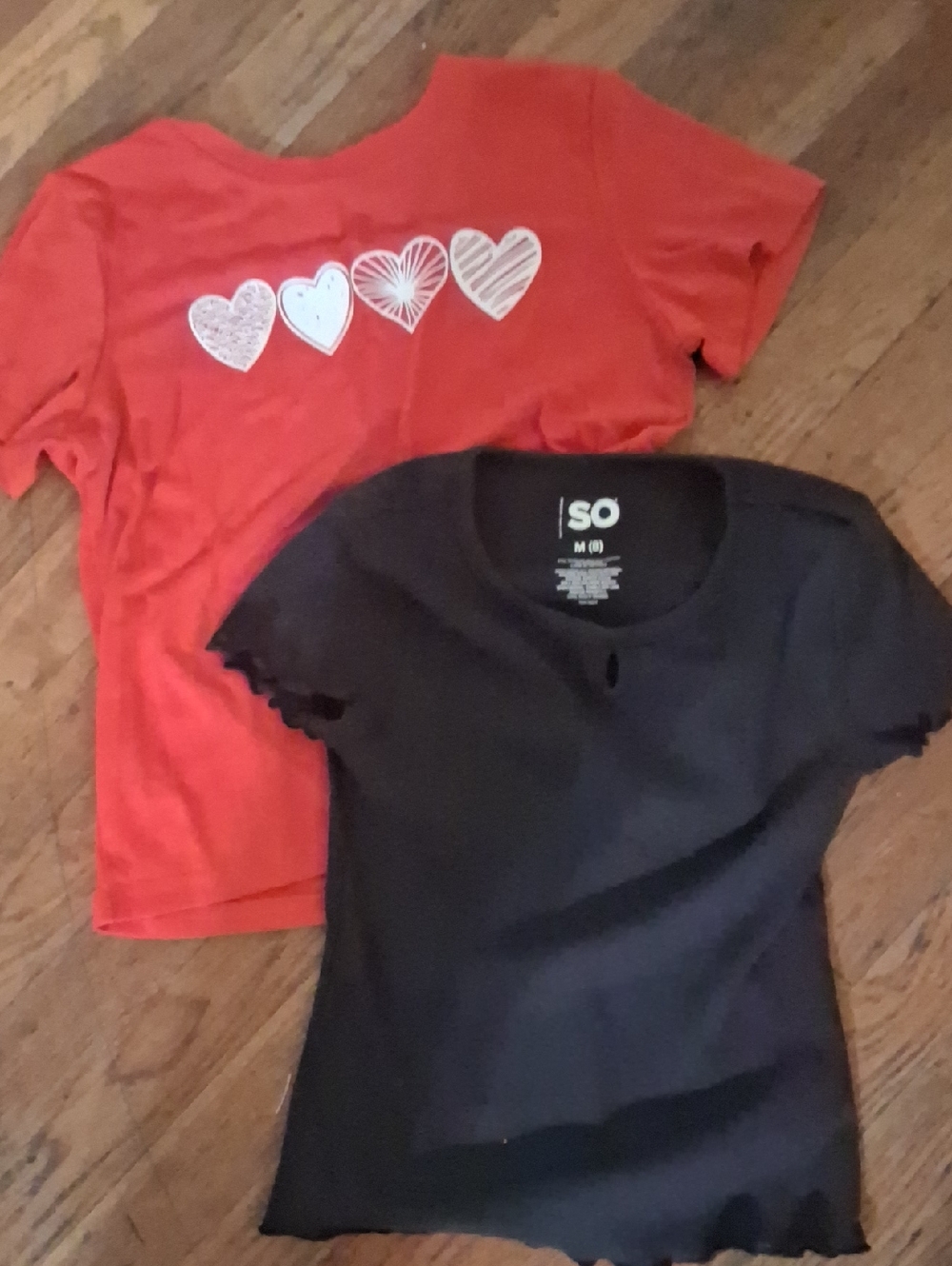 2 Girl T-Shirts- SO Black Short Sleeve Tee  and Red Tee With White Hearts